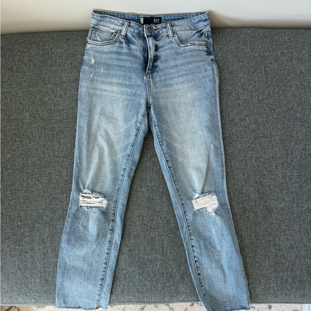 KUT from the Kloth Light Blue Ripped High Waist Raw Hem Crop Mom Jeans